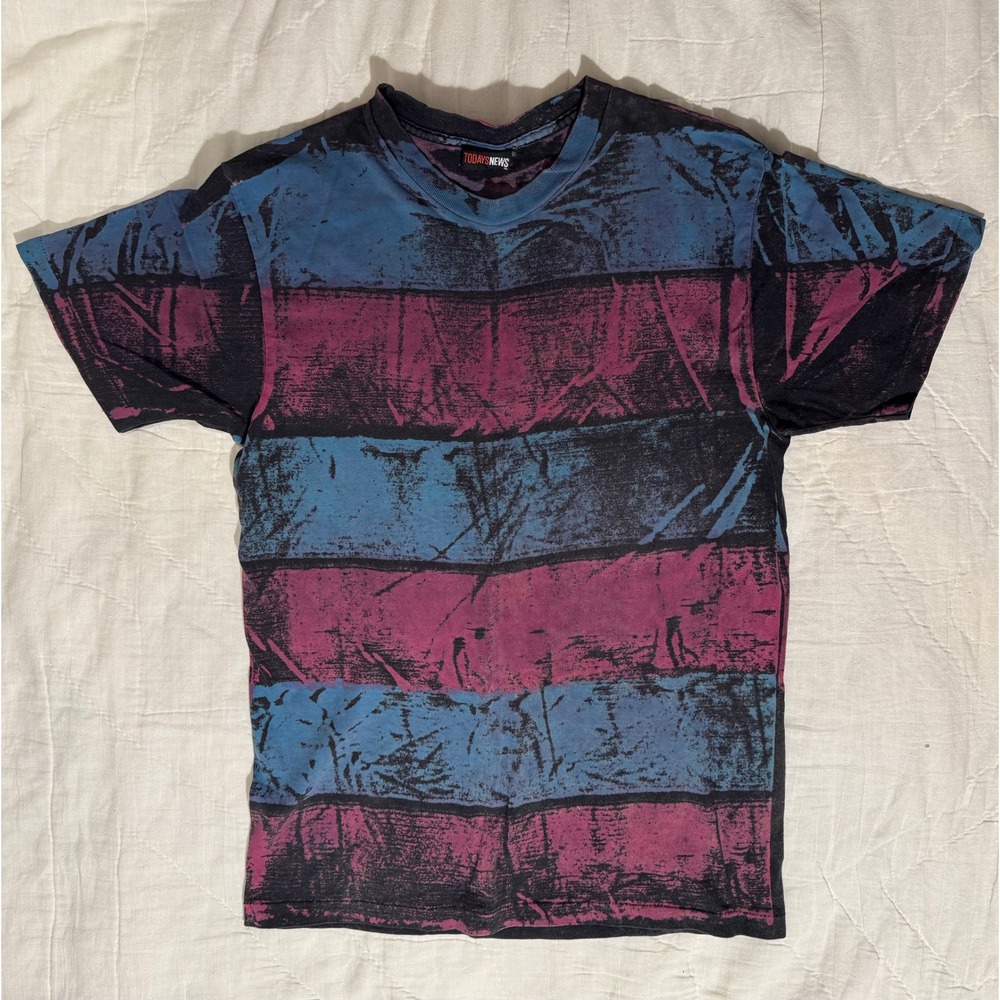 Vintage Todays News All Over Print T Shirt Large Blue Pink Distressed Stripe USA